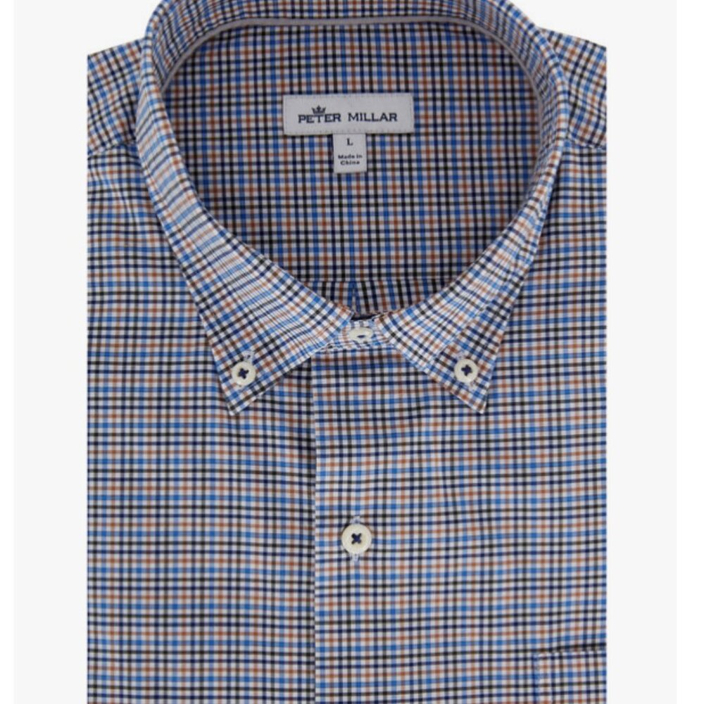 Peter Millar Shirt XL Anderson Blue Tattersall Button Up Shirt Check Black Tan